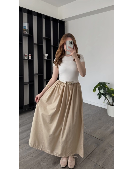 Bej Dora Kemerli Poplin Elbise