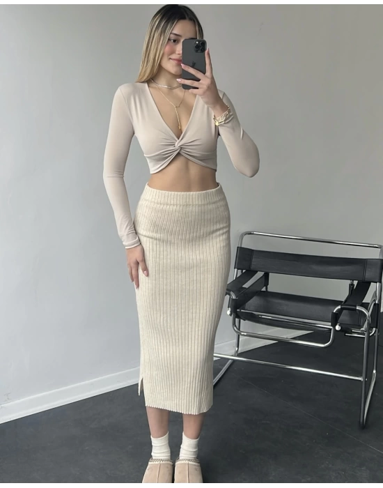 Bej Düğümlü Sandy Basic Crop Top