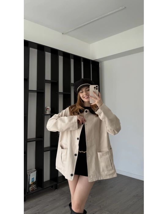 Bej Emilia Yaka Detaylı Gabardin Ceket