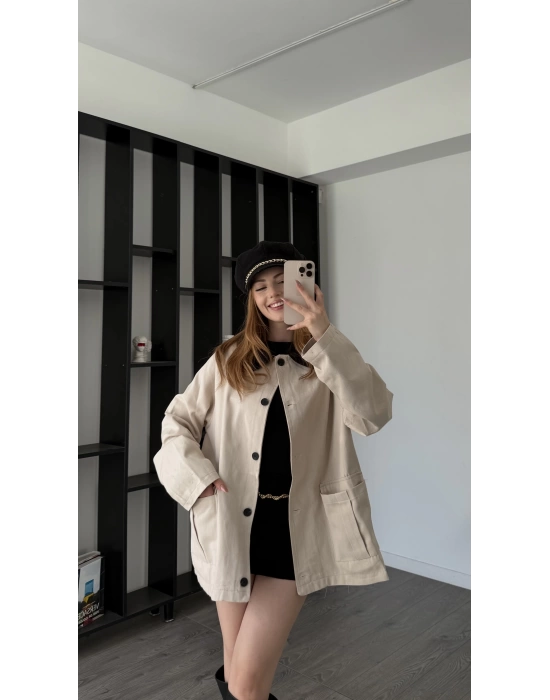 Bej Emilia Yaka Detaylı Gabardin Ceket