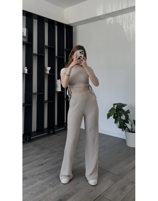 Bej Fulia Çift Büzgülü Gofre Takım