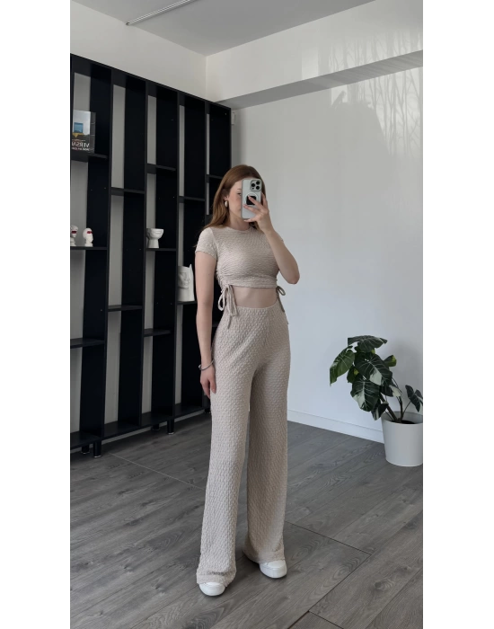 Bej Fulia Çift Büzgülü Gofre Takım