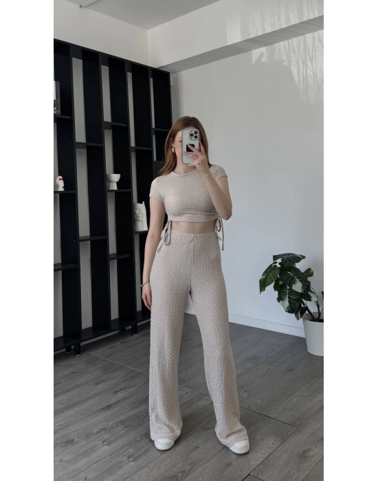 Bej Fulia Çift Büzgülü Gofre Takım