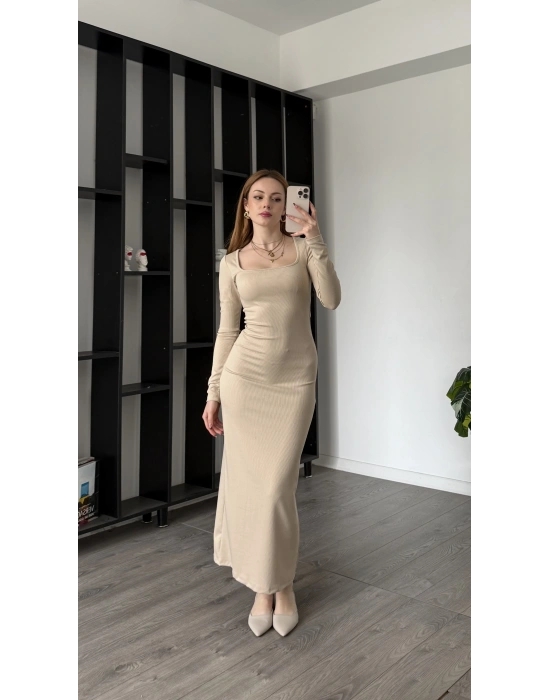 Bej Luis Kare Yaka Basic Uzun Elbise