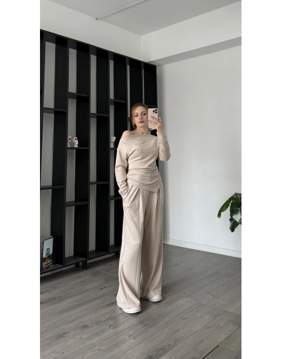 Bej Lumi Asimetirk Kayık Yaka Modal Takım
