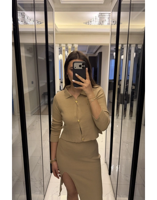 Bej Renly Hırka Elbise Triko Takım