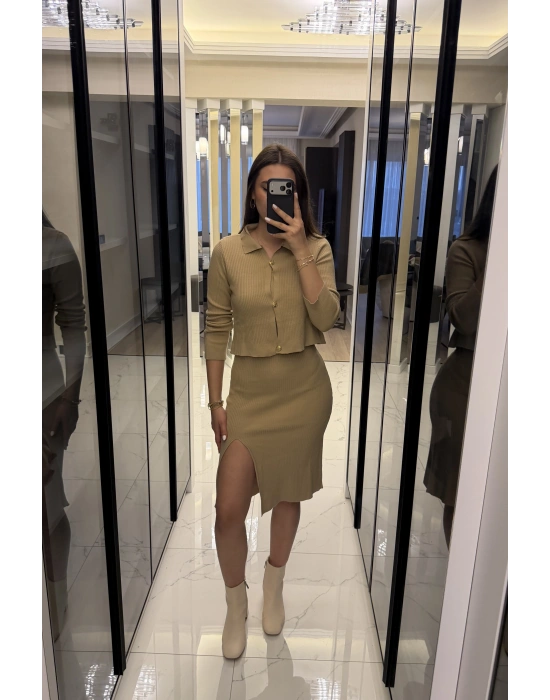 Bej Renly Hırka Elbise Triko Takım