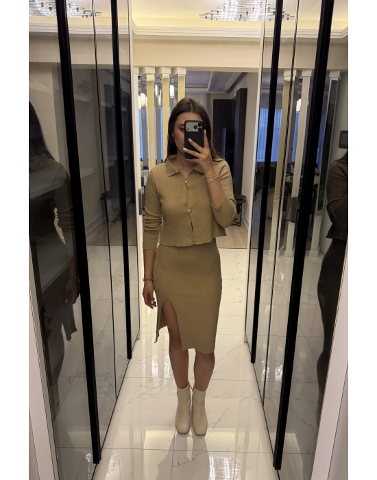 Bej Renly Hırka Elbise Triko Takım