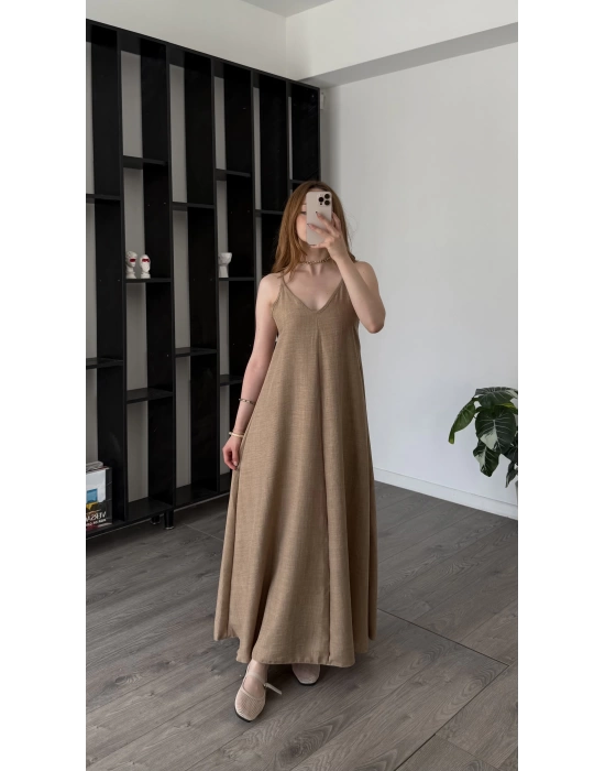 Bej Sindy Askılı Salaş Elbise