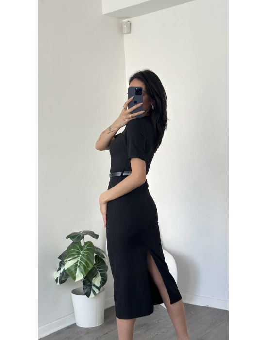 Zeyn Siyah Kısa Kollu Kemer Detay Kalem Elbise