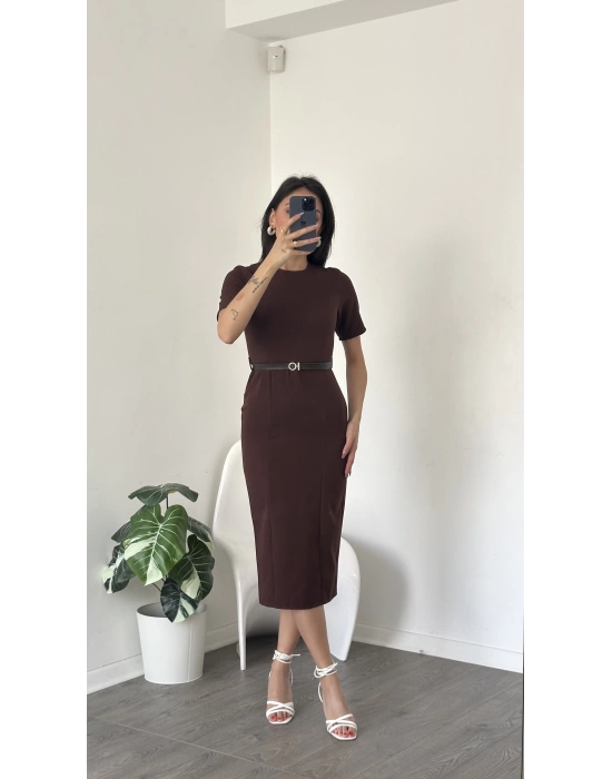 Zeyn Kahve Kısa Kollu Kemer Detay Kalem Elbise