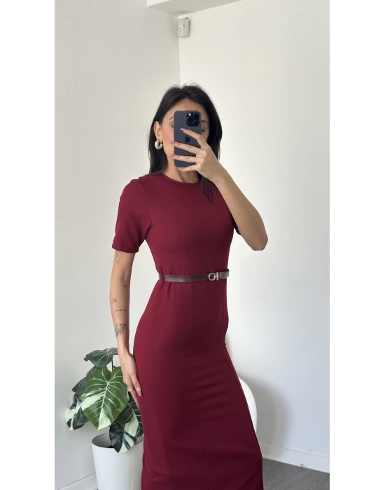 Zeyn Bordo Kısa Kollu Kemer Detay Kalem Elbise