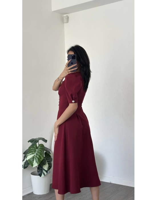 Sofia Bordo Düğmeli Gömlek Yaka Balon Kol Elbise