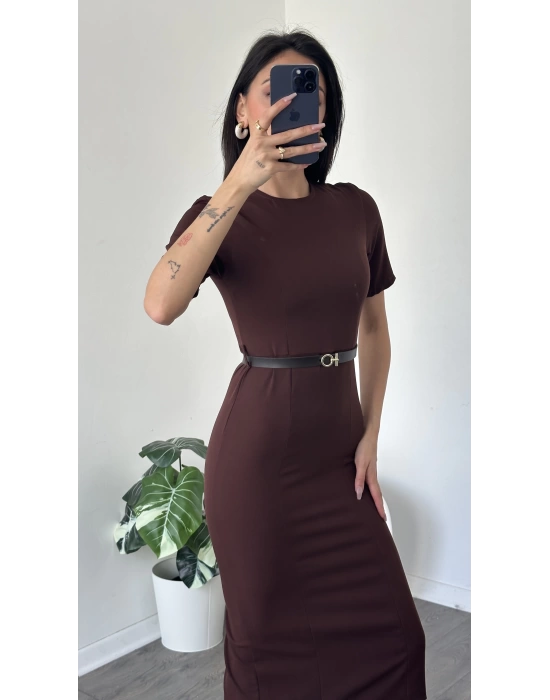 Zeyn Kahve Kısa Kollu Kemer Detay Kalem Elbise