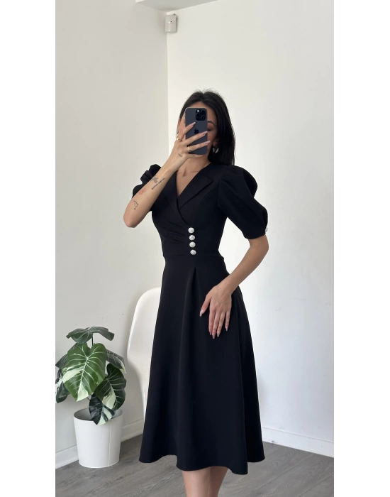 Sofia Siyah Düğmeli Gömlek Yaka Balon Kol Elbise