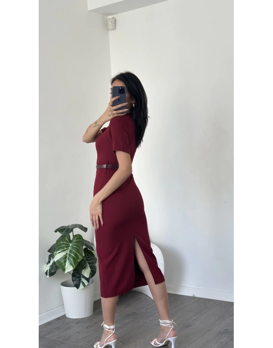 Zeyn Bordo Kısa Kollu Kemer Detay Kalem Elbise