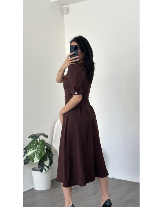 Sofia Kahve Düğmeli Gömlek Yaka Balon Kol Elbise