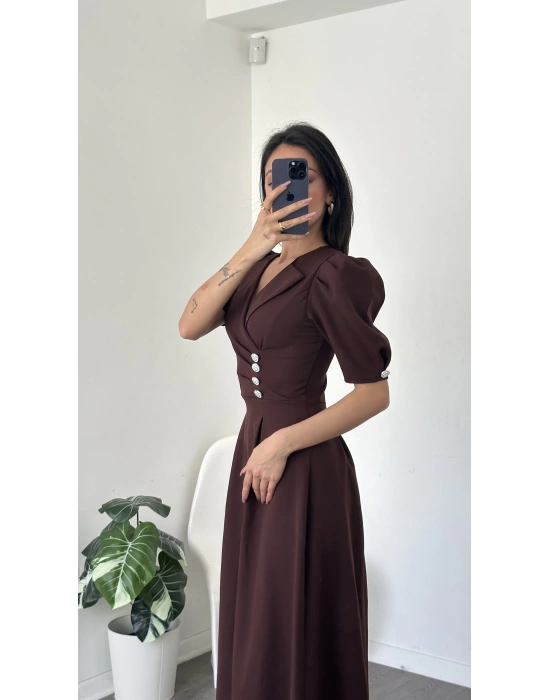 Sofia Kahve Düğmeli Gömlek Yaka Balon Kol Elbise