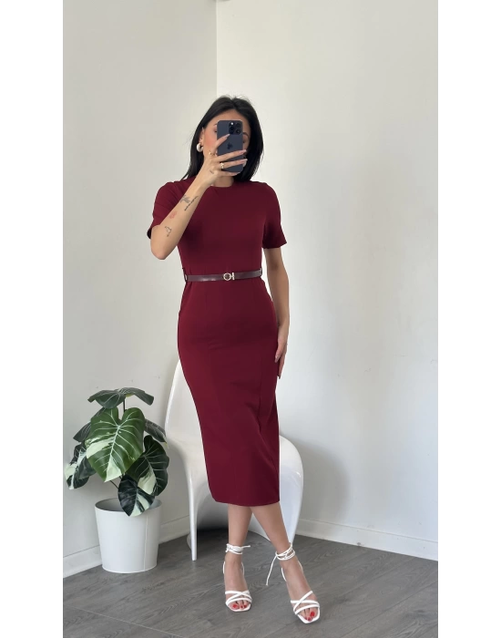 Zeyn Bordo Kısa Kollu Kemer Detay Kalem Elbise