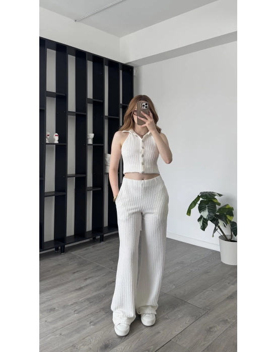 Beyaz Aida Düğmeli 2’li Takım