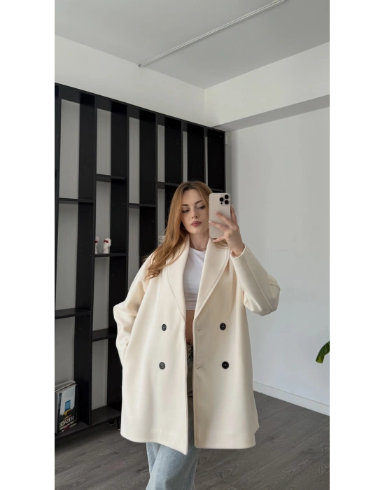 Beyaz Aida Premium Kaşe Kaban