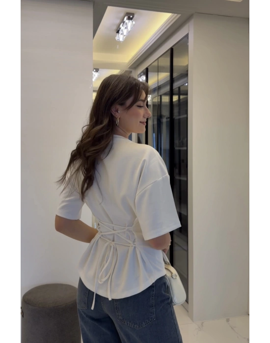 Beyaz Alina Belden Bağcıklı Tshirt