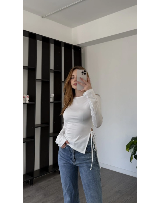 Beyaz Arlin Bağcık Yanlı Bluz