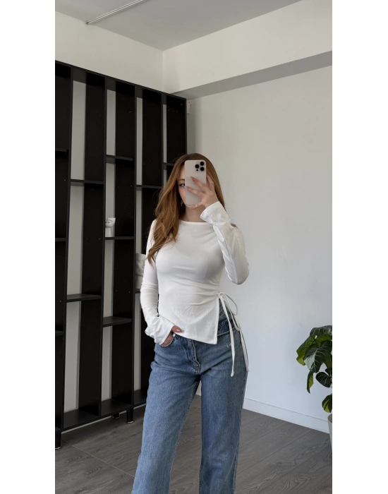 Beyaz Arlin Bağcık Yanlı Bluz