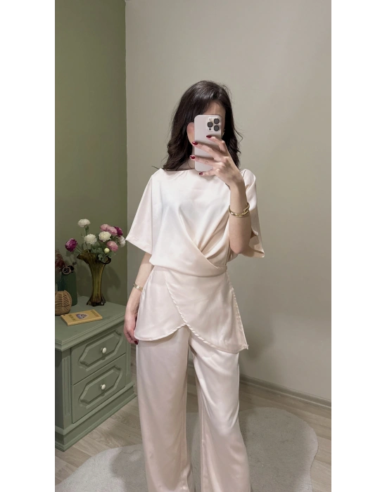 Pudra Aura Bağcıklı Saten Takım