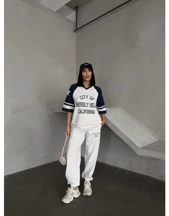 Beyaz Beverly Hills Kısa Oversize Tshirt & Eşofman Takımı