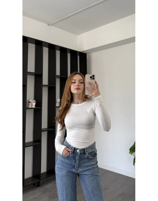 Beyaz Morena Bisiklet Yaka Basic Bluz