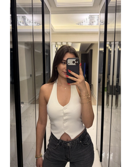 Beyaz Boyundan Geçmeli Fitilli Yelek