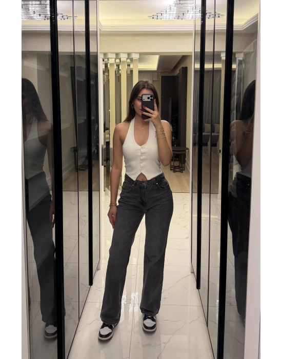 Beyaz Boyundan Geçmeli Fitilli Yelek