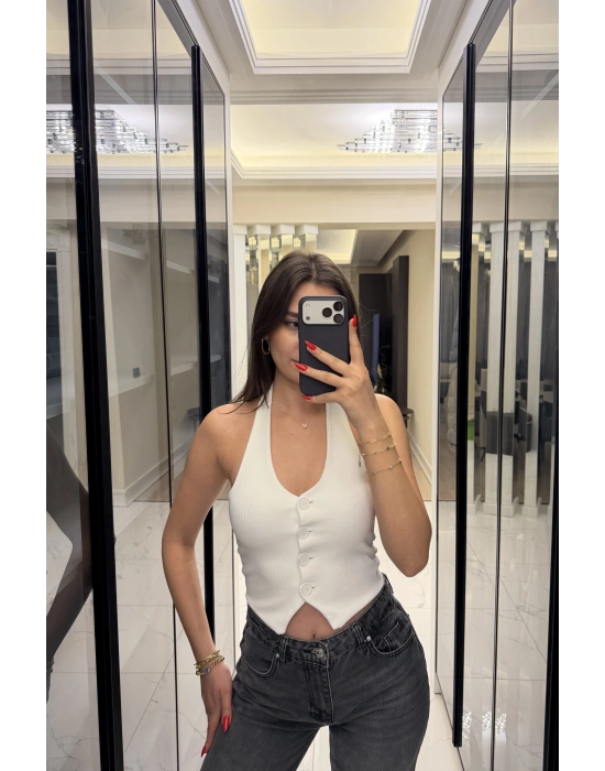 Beyaz Boyundan Geçmeli Fitilli Yelek