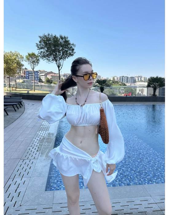 Beyaz Büstiyerli Pareo Takım