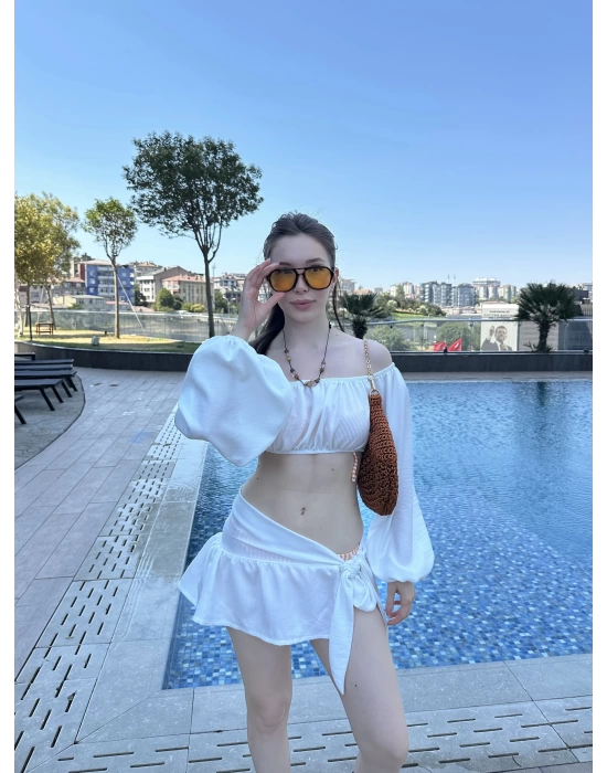 Beyaz Büstiyerli Pareo Takım