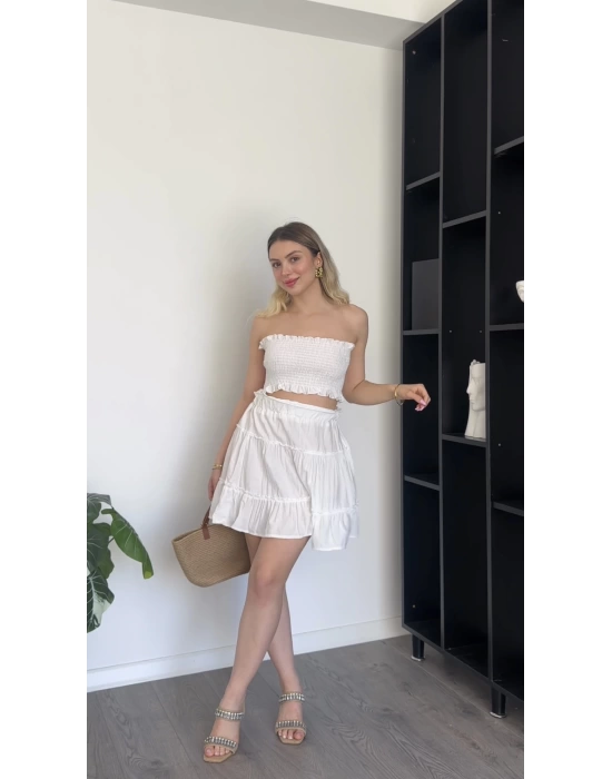 Beyaz Büstiyerli Volan Etekli 2’li Takım