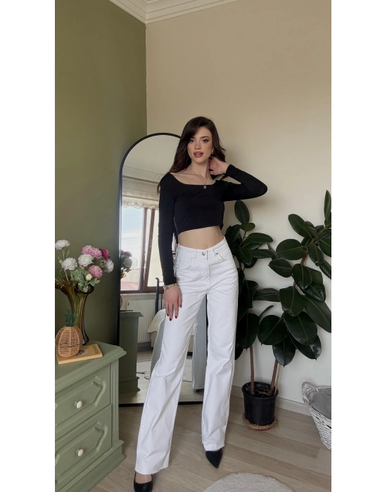 Beyaz Cara Düz Kesim Straight Jean