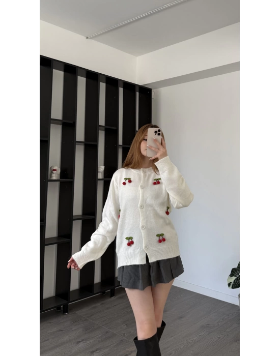 Beyaz Chery Kirazlı Triko Hırka
