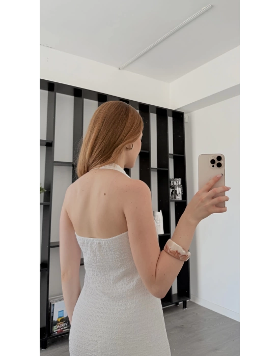 Beyaz Chiara Gofre Boyundan Askılı Elbise