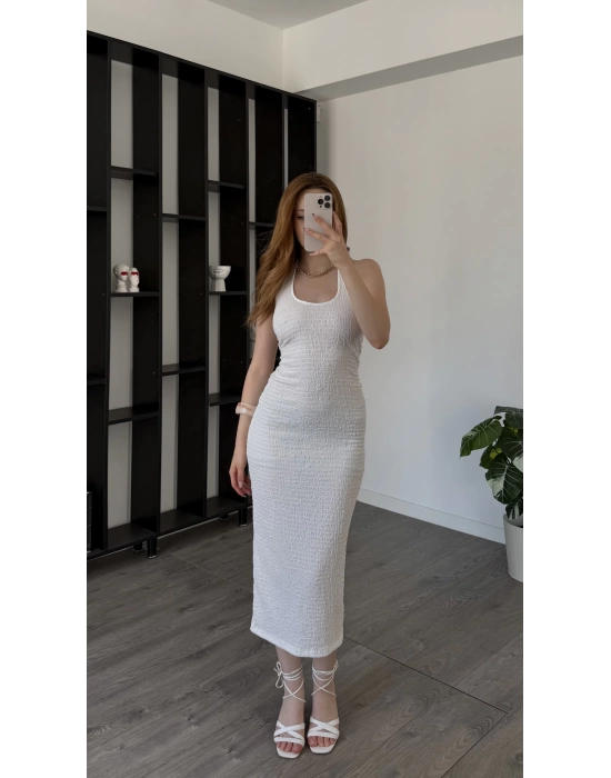 Beyaz Chiara Gofre Boyundan Askılı Elbise