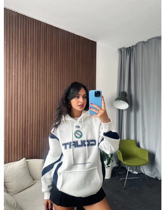 Beyaz Court Kapüşonlu Sweatshirt