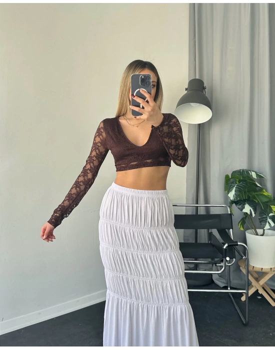 Kahve Dantel Sırt ve Kollu Crop Bluz