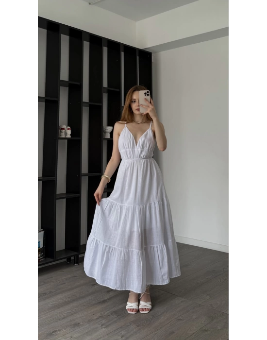Beyaz Greta Çapraz Sırt Askılı Elbise