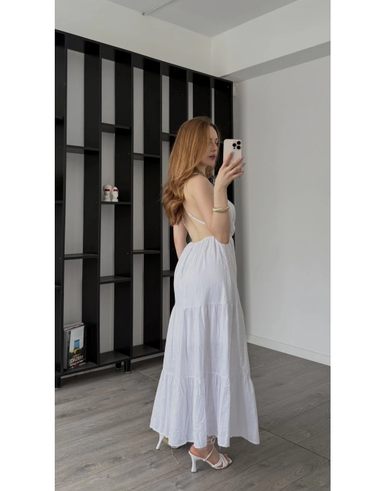 Beyaz Greta Çapraz Sırt Askılı Elbise