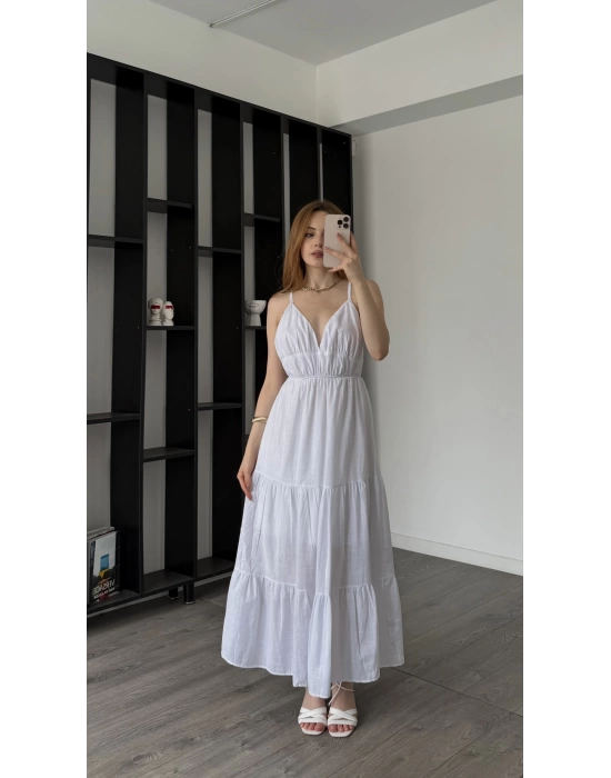 Beyaz Greta Çapraz Sırt Askılı Elbise