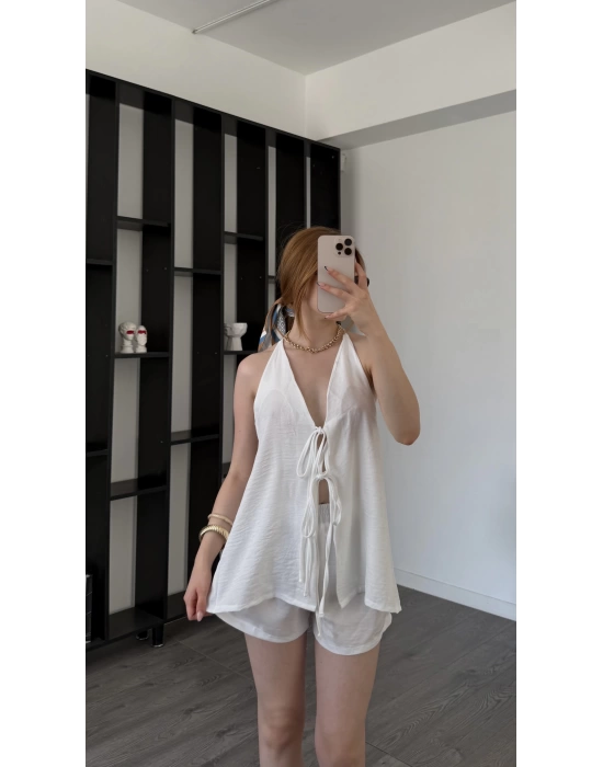 Beyaz Hailey Bağcıklı Şortlu Takım