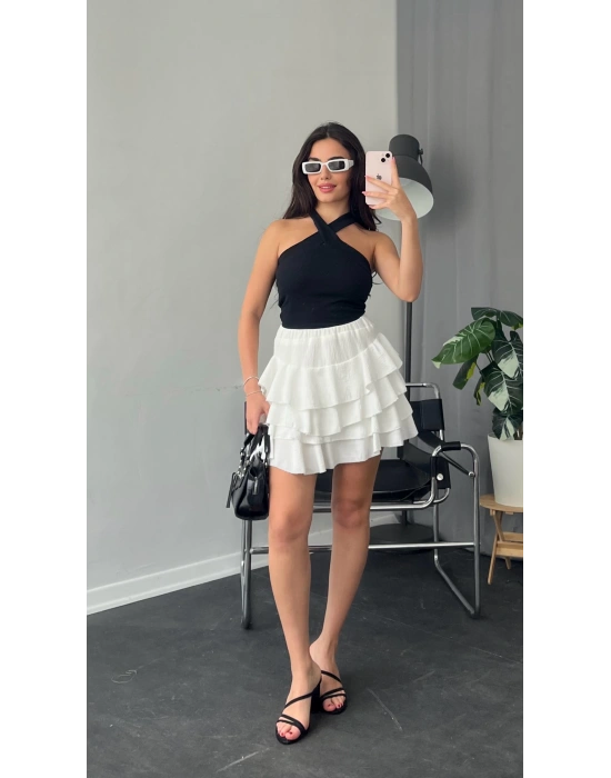 Beyaz Katlı Kloş Mini Etek