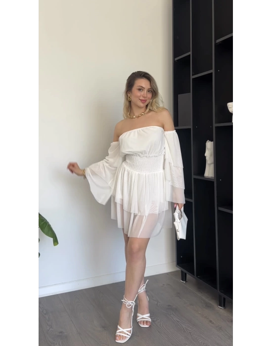 Beyaz Katlı Madonna Tül Elbise