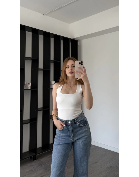 Beyaz Lancel Astarlı Boyundan Askılı Basic Bluz